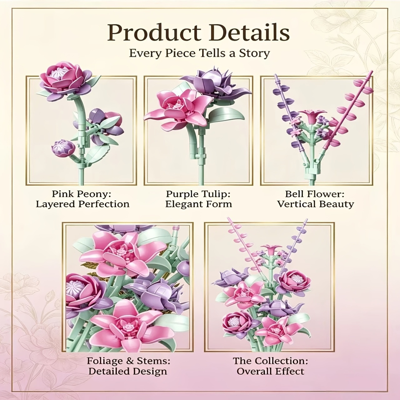 Pink Purple Peony Wind Chime Flower Building Block Set